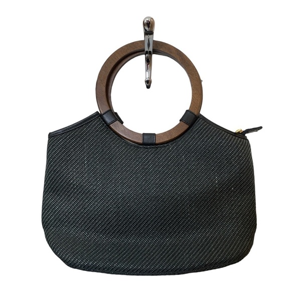 Zalo Vintage Spain Amazing Black Woven Bag with Brown Wooden Circle Handle EUC - Picture 3 of 9